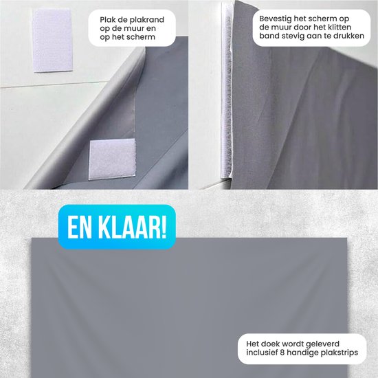 Instructiebeelden van het bevestigen van een projectiescherm met klittenbandstrips: een strip op de muur en een op het scherm, en het scherm aan de muur bevestigen.