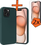 Hoesje Geschikt voor iPhone 15 Hoesje Siliconen Cover Case Met 2x Screenprotector - Hoes Geschikt voor iPhone 15 Hoes Back Case - Donkergroen
