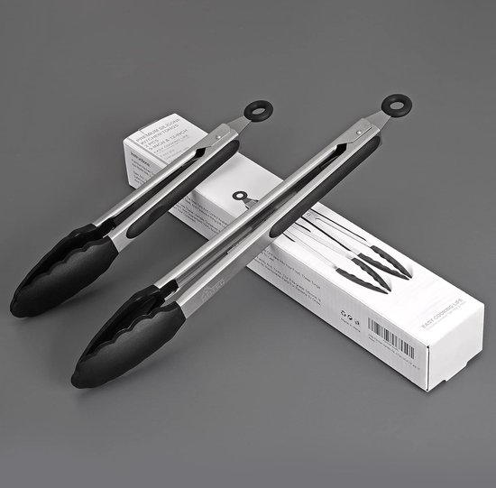 TEAMFAR Keukentang, 2 stuks roestvrijstalen grilltang, pastetang, hittebestendige kooktang met anti-aanbaklaag siliconen punt, 30,3 cm en 23,7 cm, vleestang voor koken en grillen
