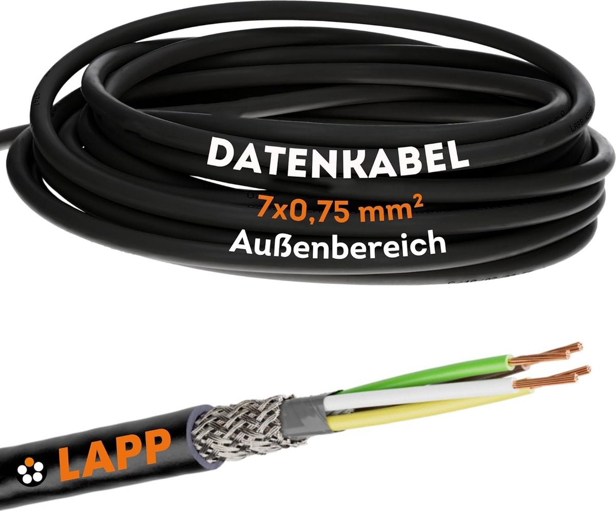 10 meter Lapp 1030534 LiYCY afgeschermde stuurkabel 7x0,75 mm² I UV-bestendig I Signaalkabel 7-aderig I Datakabel voor buitengebruik I Soldeerkabel I LED-aansluitkabel I Zwarte aansluitkabel