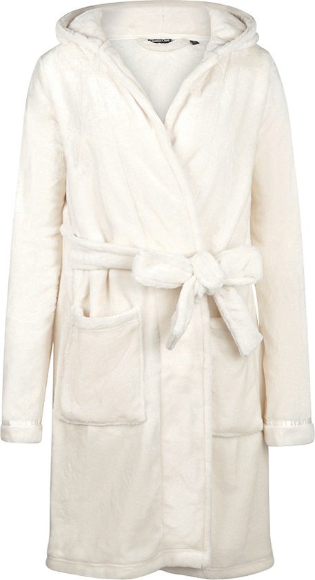 Charlie Choe - Badjas dames - Duster -100 % zachte fleece - Kort Model - Bathrobe - Met capuchon - Trendy ochtendjas - Off White - Maat M