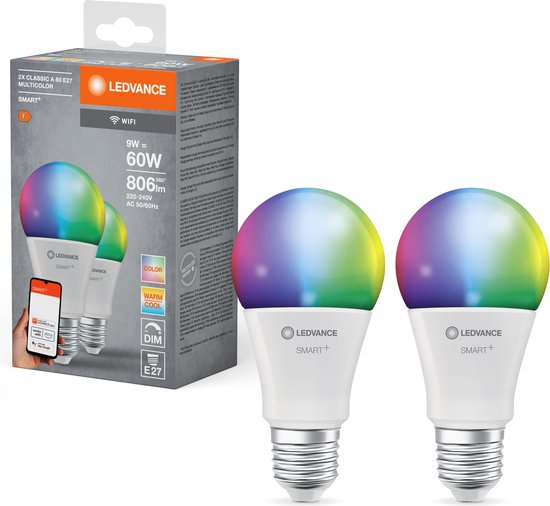 LEDVANCE Slimme LED lamp met WiFi technologie, E27-basis matte optiek ,RGBW-kleuren veranderbaar, lichtkleur veranderbaar (27-K-65-K), 8-6 Lumen, substituut voor 6-W-verlichtingsmiddel, 2-Pak