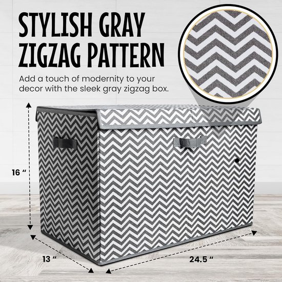 Grijze opbergdoos met zigzagpatroon en deksel, met afmetingen 24.5" x 13" x 16".
