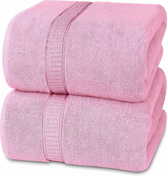 Towels - 2-delige badhanddoeken, groot, van katoen, met ophanglus, saunahanddoeken, grote badhanddoeken, 90 x 180 cm (roze)