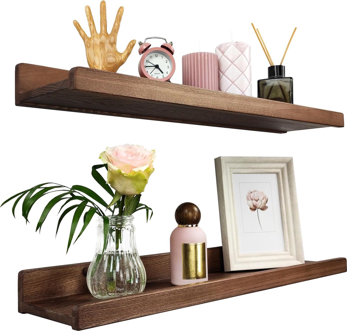 Houten Wig Set van 2 zwevende wandplanken, rustieke houten rekken met lip, kinderboekenplanken, foto- en fotorek voor slaapkamer, woonkamer, badkamer, keuken, kantoor (walnoot, Amerikaans, 60 cm)