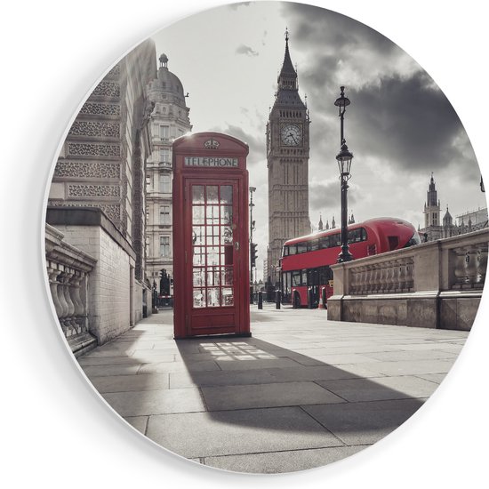 Artaza Forex Muurcirkel Rode Telefooncel in Londen bij de Big Ben - 50x50 cm - Klein - Wandcirkel - Rond Schilderij - Muurdecoratie Cirkel