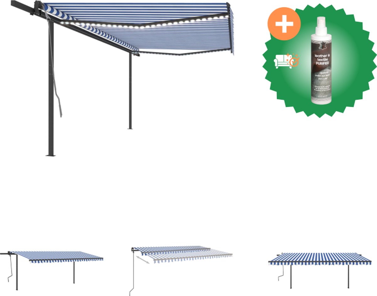 VidaXL Luifel automatisch met LED en windsensor 5x3 m blauw en wit Vensterzonwering Inclusief Reiniger