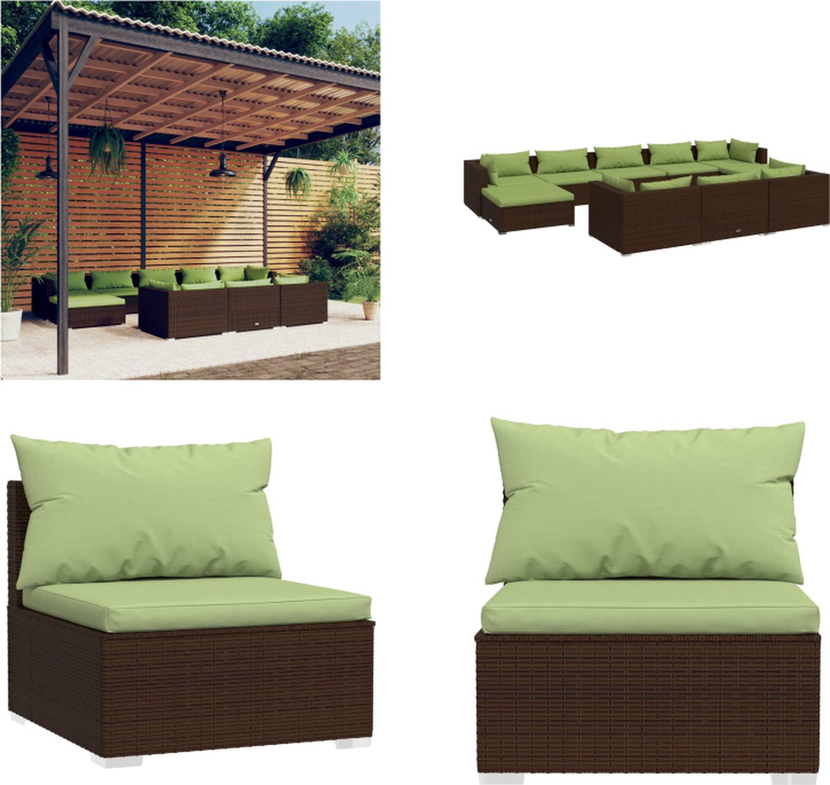 VidaXL 10-delige Loungeset met kussens poly rattan bruin Loungeset Loungesets Tuinset Tuinmeubelset