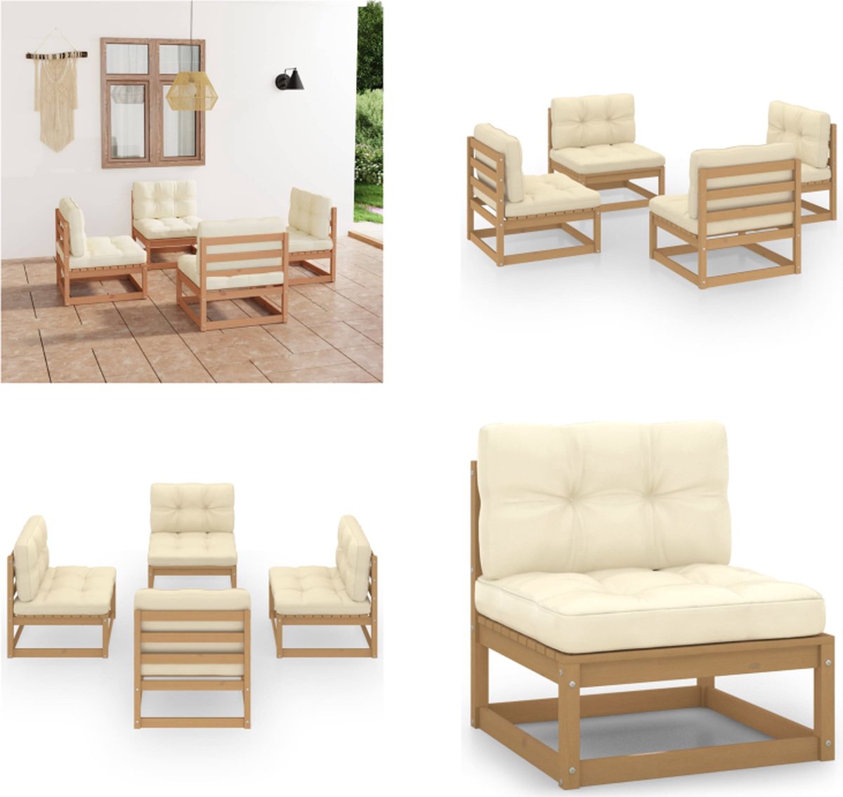 VidaXL 4-delige Loungeset met kussens massief grenenhout Loungeset Loungesets Tuinsets