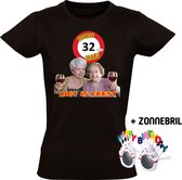 Hoera 32 jaar! Het is feest Dames T-shirt + Happy birthday bril - verjaardag - jarig - 32e verjaardag - oma - wijn - grappig