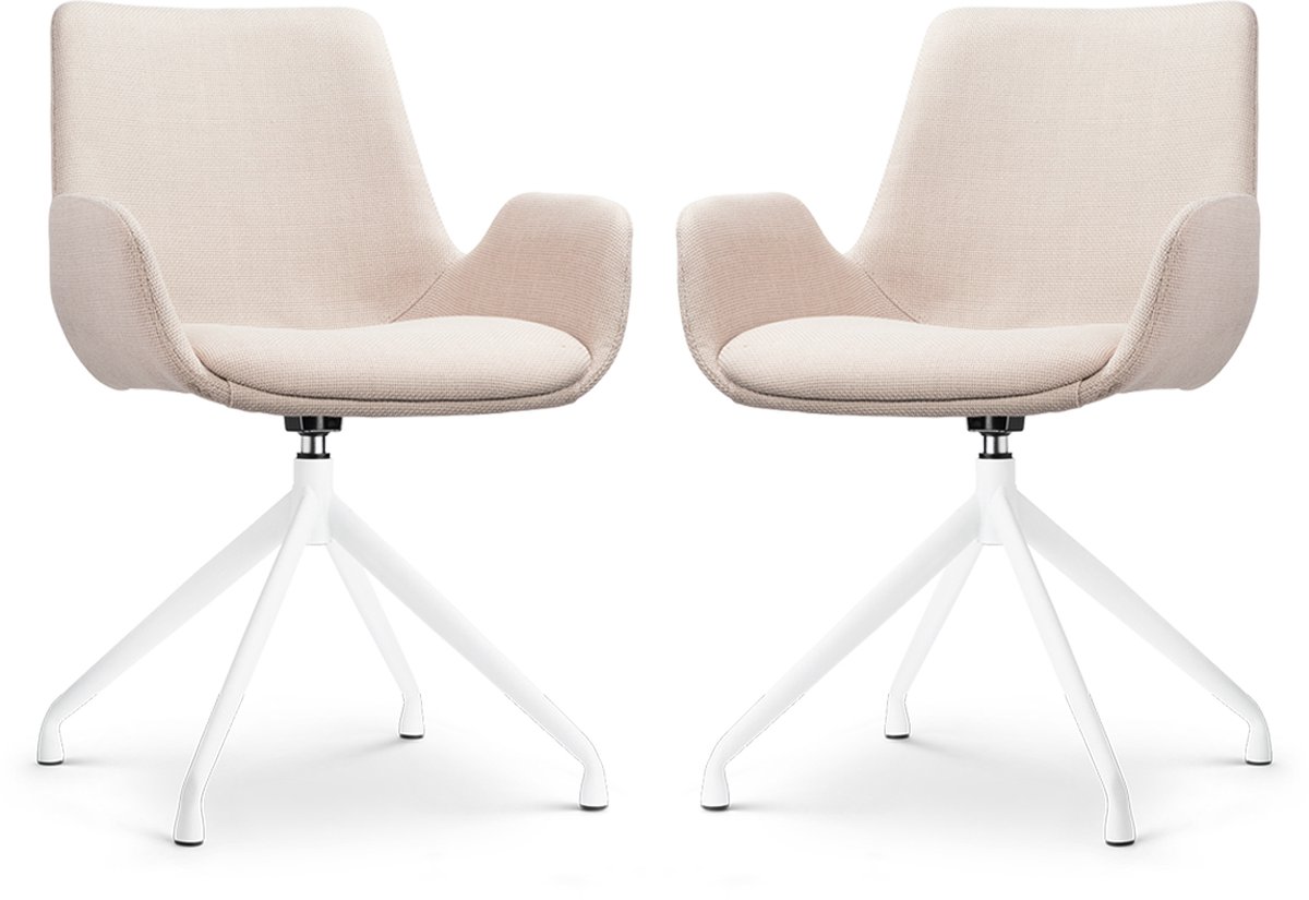 Nolon Nola-Eef Eetkamerstoelen Set van 2 Beige - Draaibaar - met Armleuning - Stof - Wit Onderstel - Lage Armleuning - Design - Scandinavisch