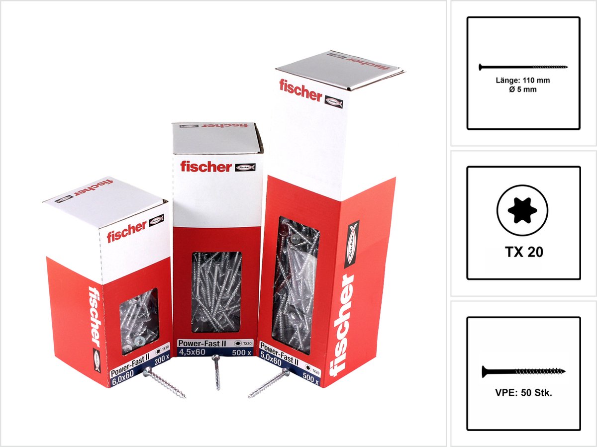 Fischer 50x Power-Fast II FPF II CTP 5 x 110 mm BC schroef met verzonken kop en binnenzeskant TX20 deeldraad gegalvaniseerd blauw gepassiveerd - 670673