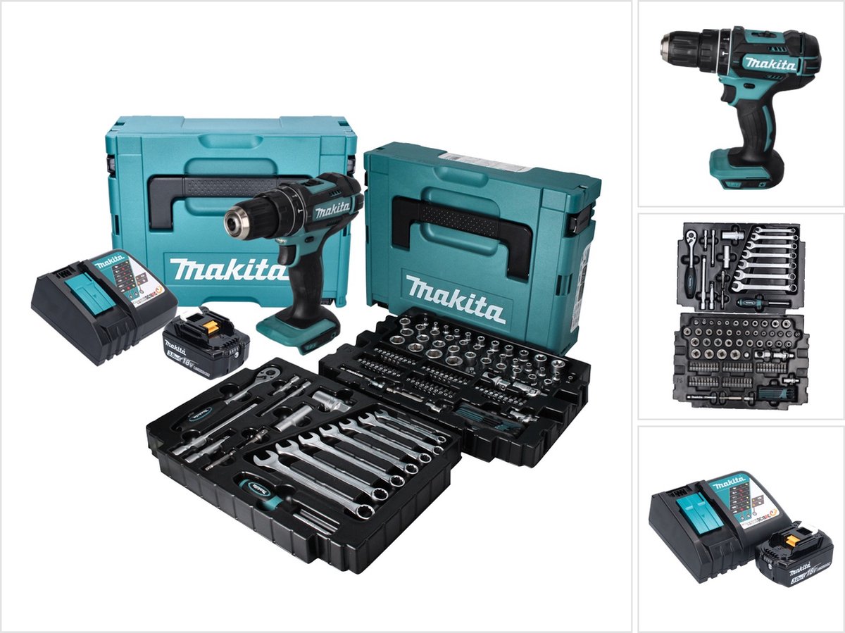 Makita DHP 482 RF1J accu klopboormachine 18 V + 120 stuks accessoireset + 1x oplaadbare accu 3.0 Ah + lader + Makpac