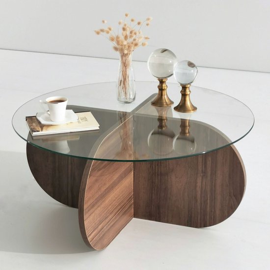 Ronde Salontafel glas hout - walnoot - 75x35cm - gehard glass - Ronde ...