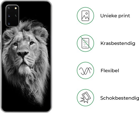 Telefoonhoesje Geschikt voor Samsung Galaxy S20 Plus hoesje - Aziatische leeuw tegen zwarte achtergrond in zwart-wit - Siliconen Telefoonhoesje Telefoonhoesje