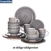 CasaVibe Luxe Serviesset – 16 delig – 4 persoons – Porselein - Bordenset – Dinner platen – Dessertborden - Kommen - Mokken - Set - Grijs