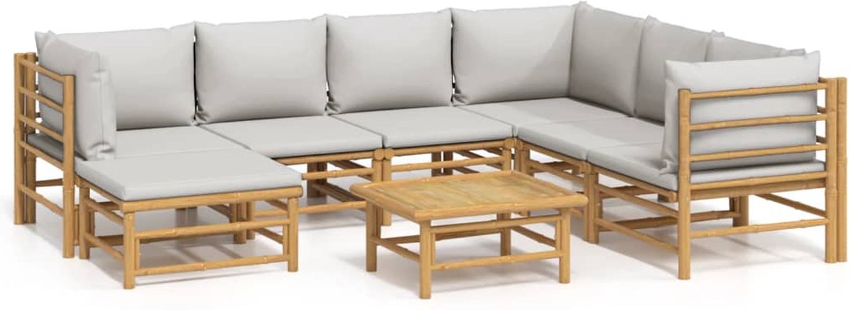 vidaXL 8-delige - Loungeset - met - kussens - bamboe - lichtgrijs