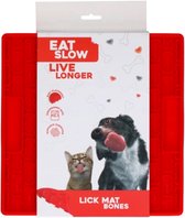 Eat Slow Live Longer Likmat – 21 x 21 cm - Vierkant – Snuffelmat – Anti-schrok Mat – Slowfeeder – Afleiding – Honden en Katten – voor Smeersels, Brokken en Snoep – Botjespatroon - 100% Siliconen – met Zuignappen – Vaatwasserbestendig – Rood