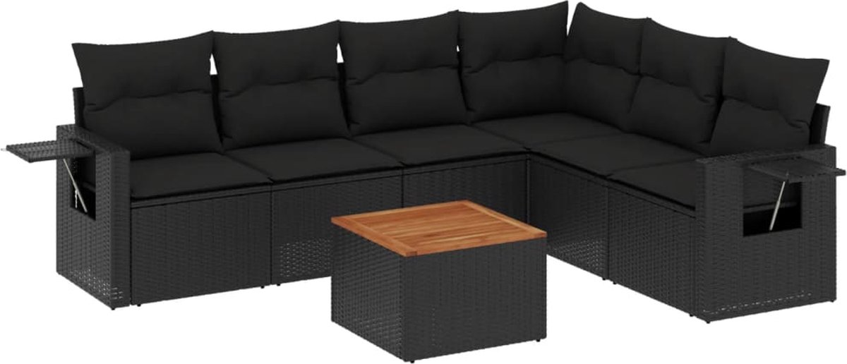 vidaXL 7-delige - Loungeset - met - kussens - poly - rattan - zwart