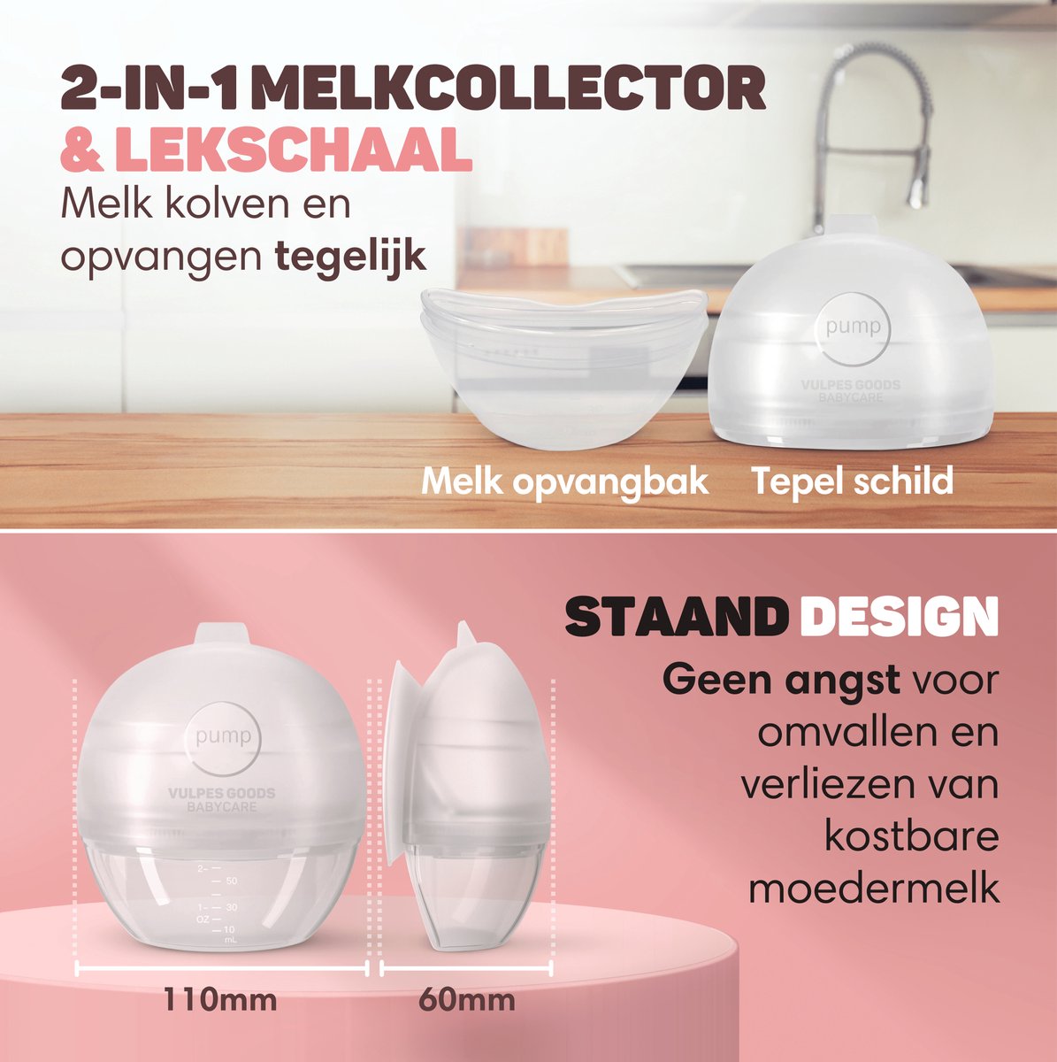 Vulpes Goods® Babycare - Lekschaal - Moedermelk opvangcup - Melkcollector - Draagbare cup - handen vrij - moedermelk opvangen - lekschalen - borstschelp - opvangcup voor moedermelk - BPA Vrij - 60ML opvangcup thumbnail 5