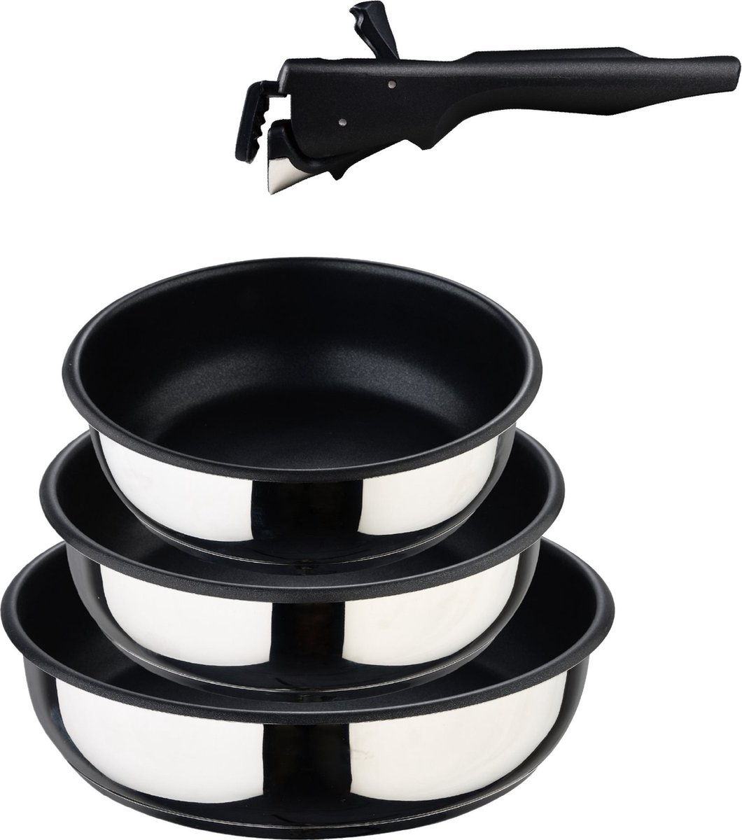 Bergner Click&Cook - Pannenset 4 - stuks 18, 20 en 24 cm + Afneembare handgreep - Roestvrij staal met antiaanbaklaag - Voor alle kookplaten en ovens - Koekenpan