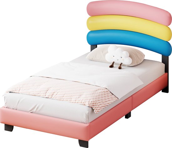 Merax Kinderbed 90x200cm - Kunstleer Gestoffeerd Bed - Regenboog Hoofdbord - Roze