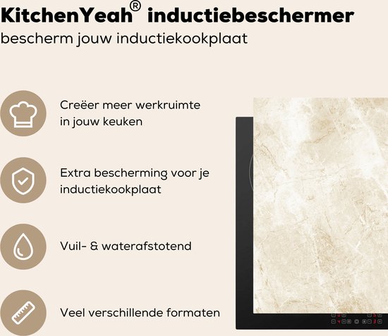 Licht beige marmerprint inductiebeschermer, toont extra werkruimte en bescherming.