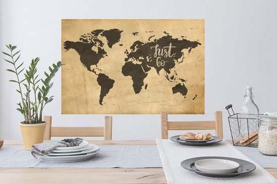 Sticker Muursticker Cartes du monde du monde Vintage avec citation Just go - 90x60 cm - film adhésif autocollant - sticker mural repositionnable