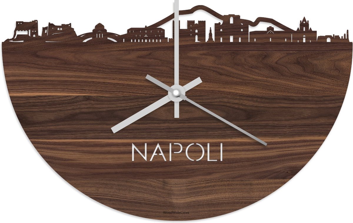 Skyline Klok Napoli Notenhout - Ø 40 cm - Stil uurwerk - Wanddecoratie - Meer steden beschikbaar - Woonkamer idee - Woondecoratie - City Art - Steden kunst - Cadeau voor hem - Cadeau voor haar - Jubileum - Trouwerij - Housewarming - WoodWideCities