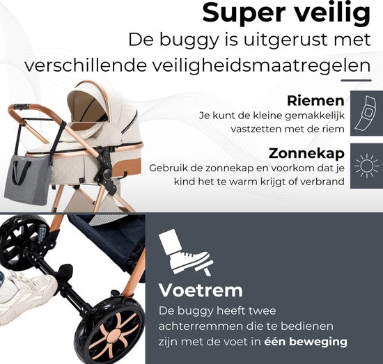 Beige kinderwagen met goudkleurig frame en bruine accenten. Toont de riemen, de zonnekap en de voetrem.