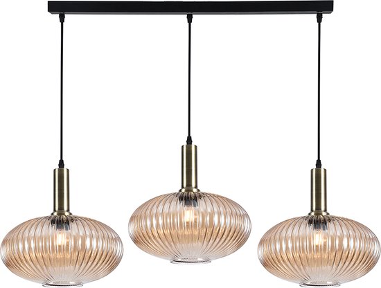 Olucia Charlois - Lampe suspendue rétro - 3L - Glas/ Métal - Ambre; Or - Rectangulaire