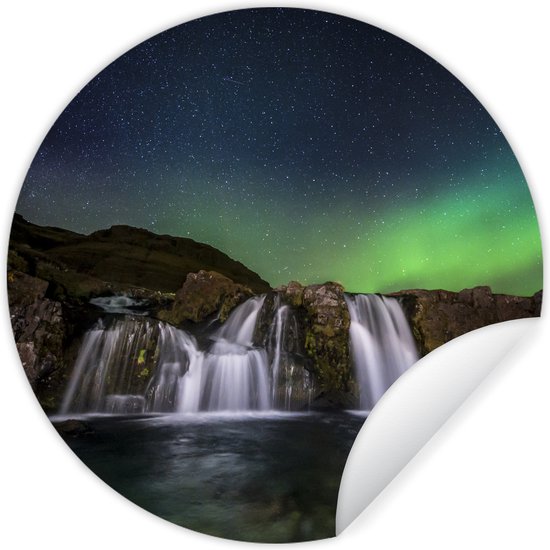 WallCircle - Muurstickers - Behangcirkel - Noorderlicht - Waterval - IJsland - Natuur - 80x80 cm - Muurcirkel - Zelfklevend - Ronde Behangsticker