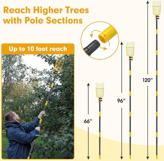 Fruitplukker, 160 cm lang, krachtig fruitplukker-gereedschap met fruitmand, verstelbare splitsingsverlenging, fruitplukker, fruitplukker, grijper van GARTENDEK. — afbeelding 5