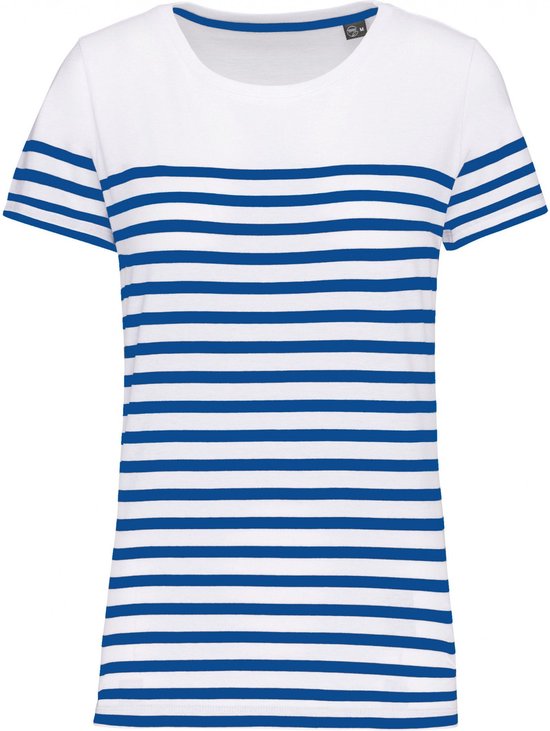T-shirt Dames XS Kariban Ronde hals Korte mouw White / Royal Blue Stripe 100% Katoen