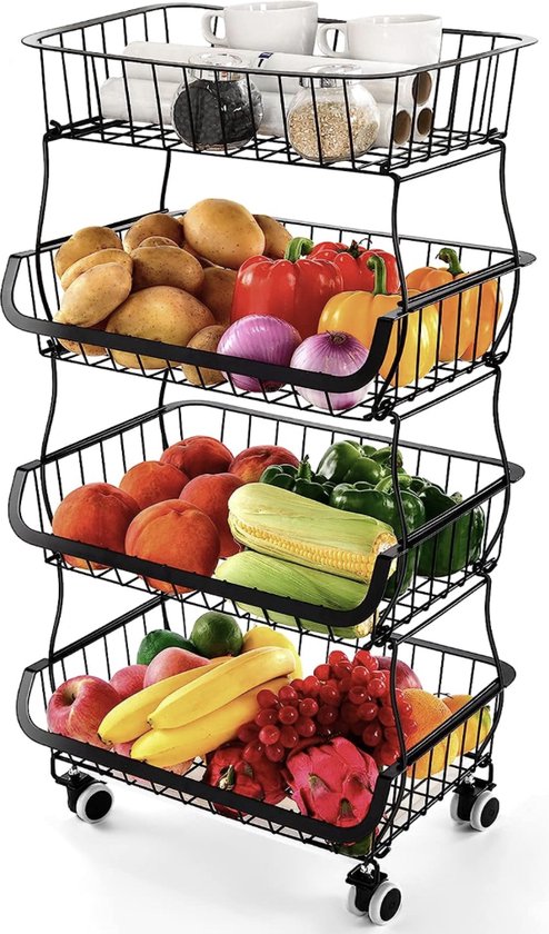 Fruit Groente Opbergmand Rek, Meerlaags Afneembaar Groentenrek op Wielen, Gelaagde Fruitmand Snack Opbergrek Metaaldraad Keuken Opbergmand black,Five layers