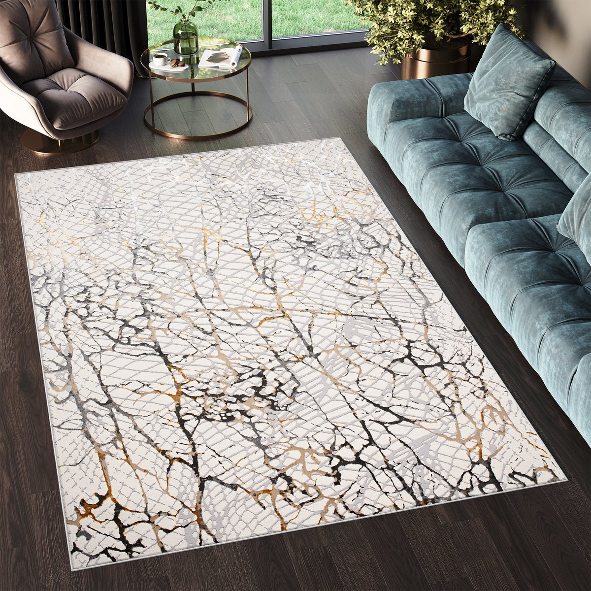 Tapiso Golden Vloerkleed Tapijt Modern Abstract Maat- 200x300 Grijs