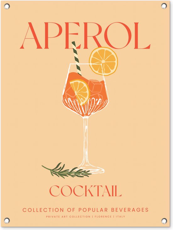 Tuinposter 60x80 cm - Cocktail - Aperol - Oranje - Vintage - Tuindecoratie voor buiten - Schutting decoratie - Tuin - Beach bar - Apres ski accessoires - Tuindoek - Buitenposter