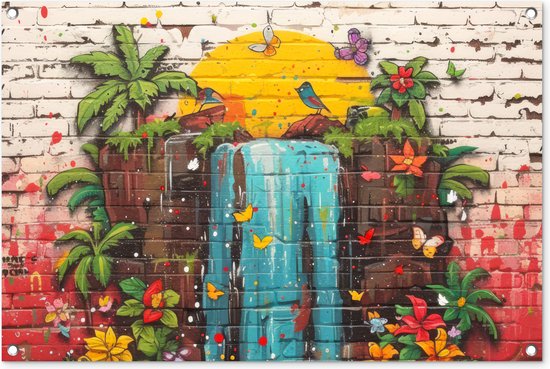 Tuinposters buiten Graffiti - Waterval - Kleurrijk - Bloemen - Street art - 90x60 cm - Tuindoek - Buitenposter..