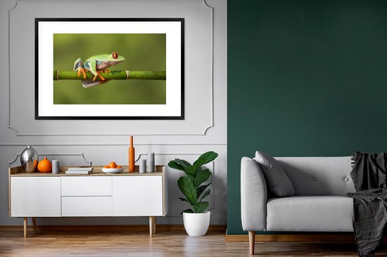 Poster in lijst - Fotolijst 120x80 cm - Posters - Roodoogmakikikker op bamboe - Posterlijst zwart - Decoratie - Wanddecoratie woonkamer - Muurdecoratie slaapkamer