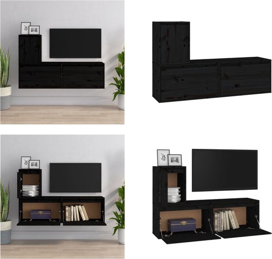 vidaXL Tv-meubelen 3 st massief grenenhout zwart - Tv-kast - Tv-kasten - Tv-meubel - Hifi-meubel