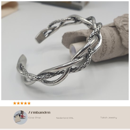 Handgemaakte Zilverkleurige Gevlochten Armband | Takish Jewelry | Verstelbare Open Manchet