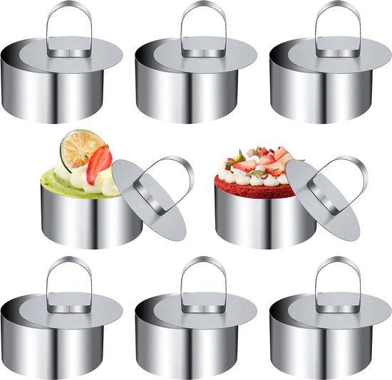 WANGCL Set van 8 ronde cakevormen van roestvrij staal, cakemousse vorm, taartvorm, set inclusief 8 ringen en 8 voedselpersen