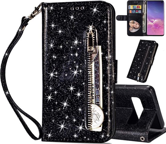 Portemonnee Hoesje - Wallet Case - Rits Sparkly Glitter - Telefoonhoes met Kord Geschikt voor: Samsung Galaxy S10E - Zwart