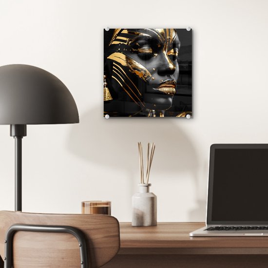 MuchoWow® Peinture sur verre 20x20 cm - Peinture sur verre acrylique - Femme - Or - Zwart - Portrait - Moderne - Abstrait - Photo sur verre - Décoration murale salon - Décoration murale chambre - Peintures
