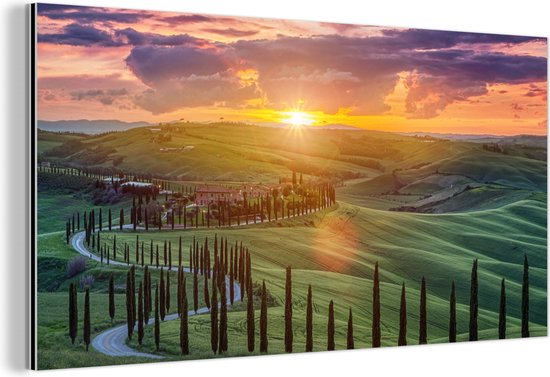 Wanddecoratie Metaal - Aluminium Schilderij Industrieel - Italië - Zonsondergang - Toscane - 120x60 cm - Dibond - Foto op aluminium - Industriële muurdecoratie - Voor de woonkamer/slaapkamer