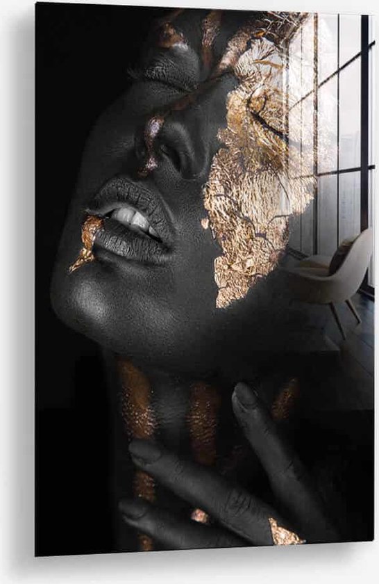 Wallfield™ - Face of Gold III | Glasschilderij | Muurdecoratie / Wanddecoratie | Gehard glas | 40 x 60 cm | Canvas Alternatief | Woonkamer / Slaapkamer Schilderij | Kleurrijk | Modern / Industrieel | Magnetisch Ophangsysteem
