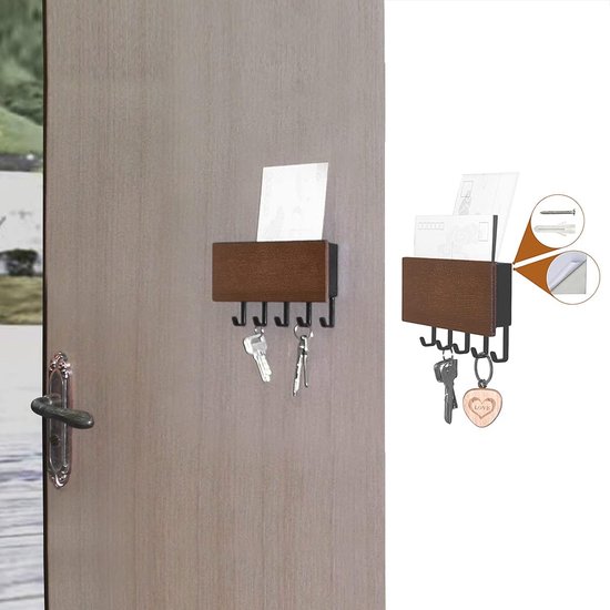 sleutelrek met plank, sleutelhanger met 5 sleutelhaken en brievenmand voor entree, thuiskantoor, kunststof en hout (18,5 x 9,6 x 3,4) cm