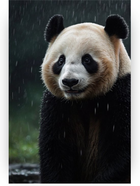Reuzenpanda in de regen - Panda beer wanddecoratie - Schilderijen dieren - Landelijk schilderij - Canvas schilderij - Woonkamer decoratie - 50 x 70 cm 18mm