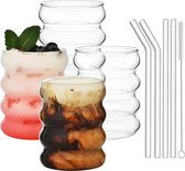 IJskoffieglazen met glazen rietjes, set van 4, 350 ml bubble glazen, geribbelde drinkglazen voor cocktail, melk, water, frisdrank, cadeau met kwast