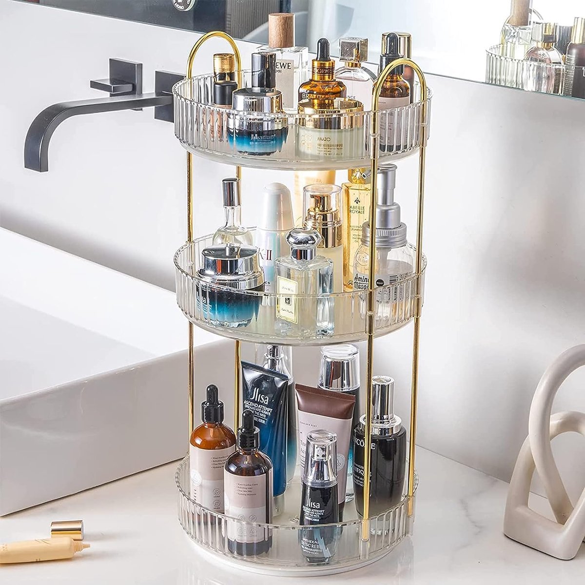 Make-up organizer 360° draaibaar cosmetische organizer huidverzorging parfum organizer, 3 lagen, badkamer organizer kaptafel organizer opslag voor badkamer, cosmeticakast, ladekast (helder)